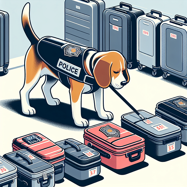Beagle with a police vest searching luggage
