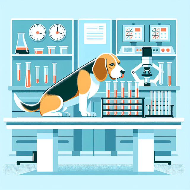 Beagle in a medical lab sniffing samples