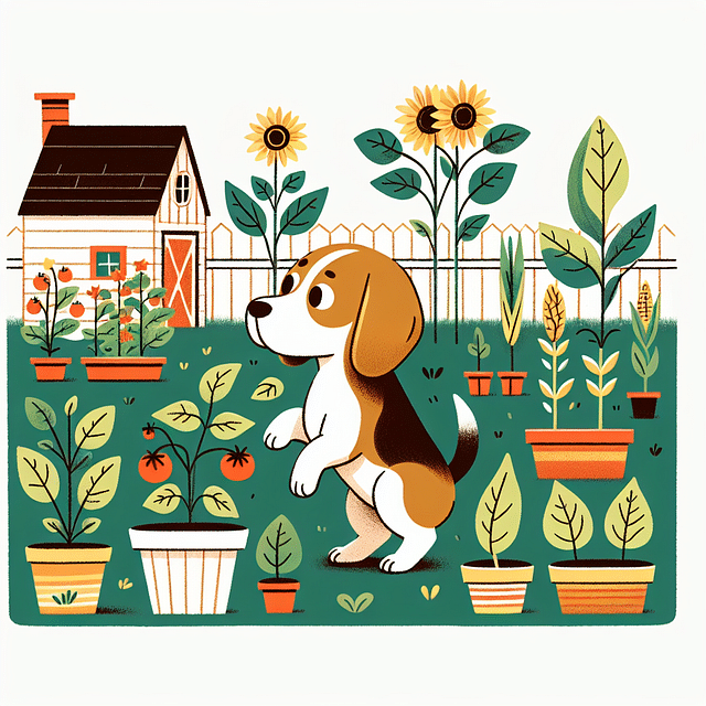 Beagle inspecting plants on a farm