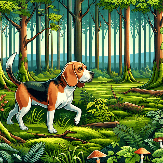 Beagle tracking wildlife in a forest