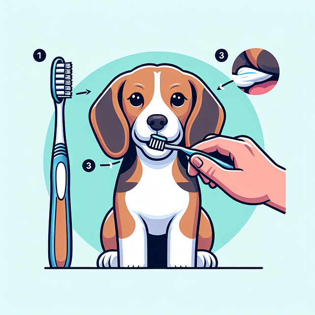 Brushing a Beagle's teeth with dog toothbrush