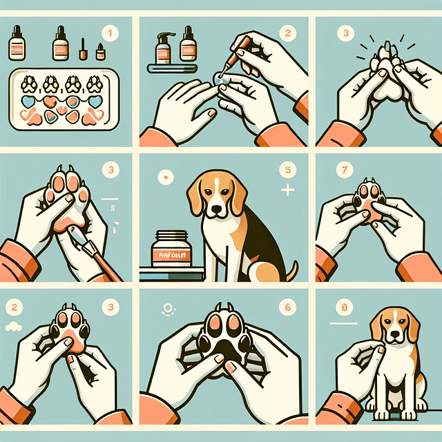 Inspecting a Beagle's paws and applying paw balm