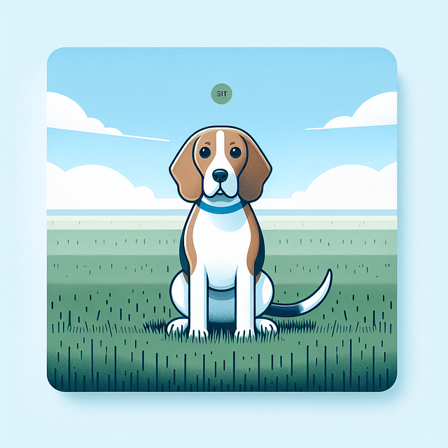 Blue Tick Beagle obeying a 'sit' command in a grassy field