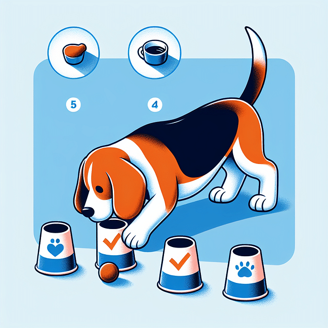 Blue Tick Beagle identifying the correct cup with a treat underneath