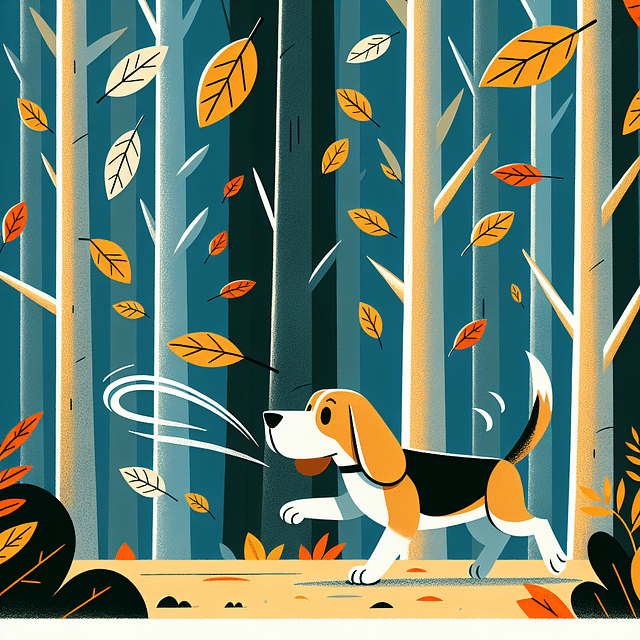 Blue Tick Beagle tracking a scent trail in a simulated hunting setup