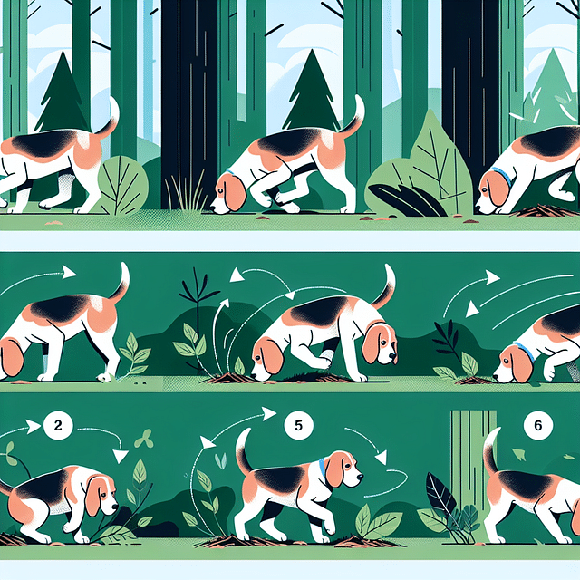 Blue Tick Beagle sniffing the ground in a forest