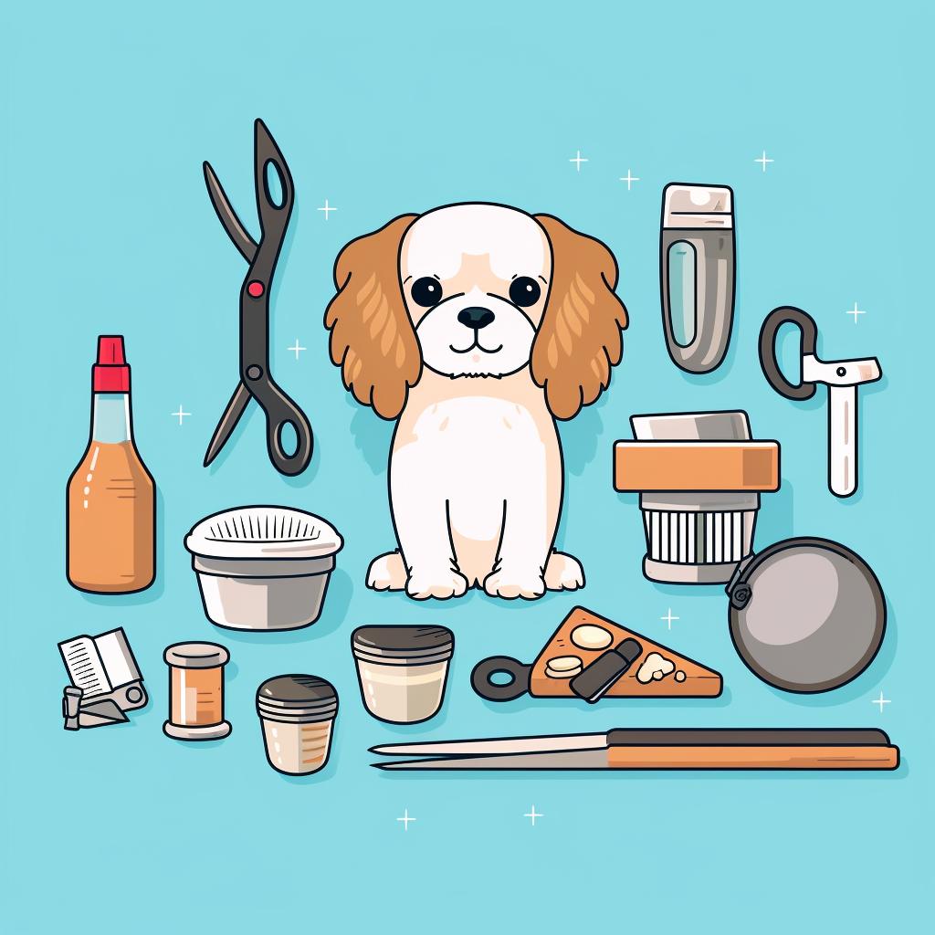 A collection of dog grooming supplies laid out on a table