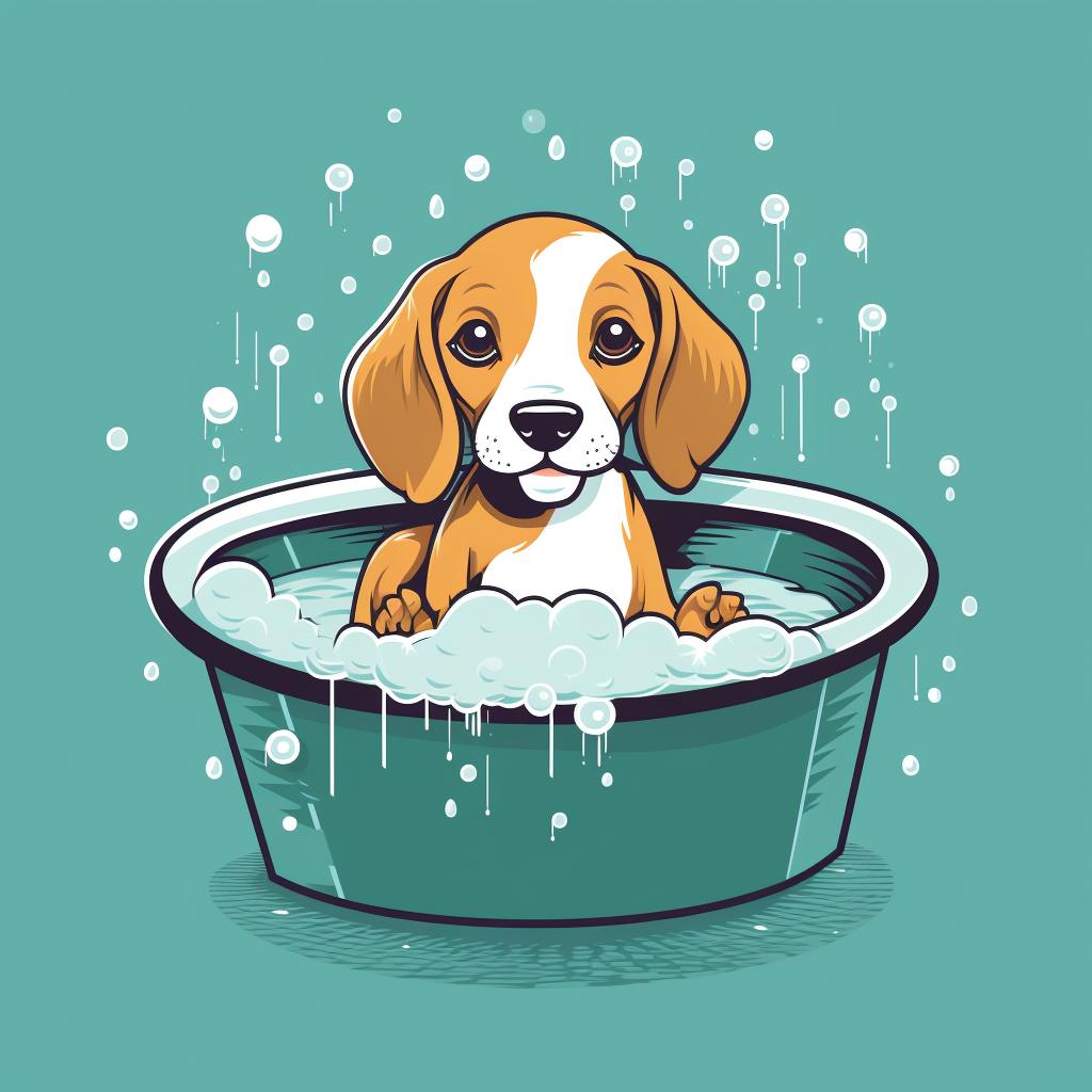 A Beagle being bathed in a tub with dog-safe shampoo