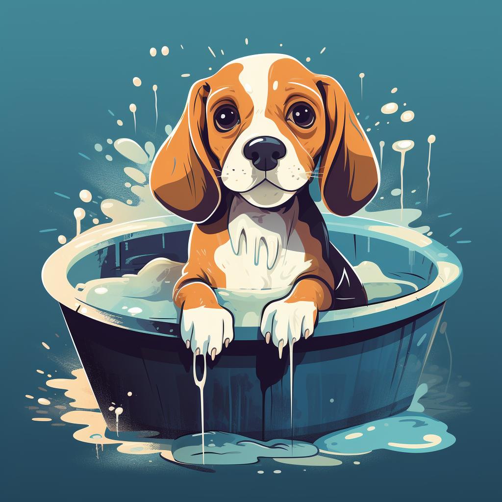 A Beagle being bathed in a tub