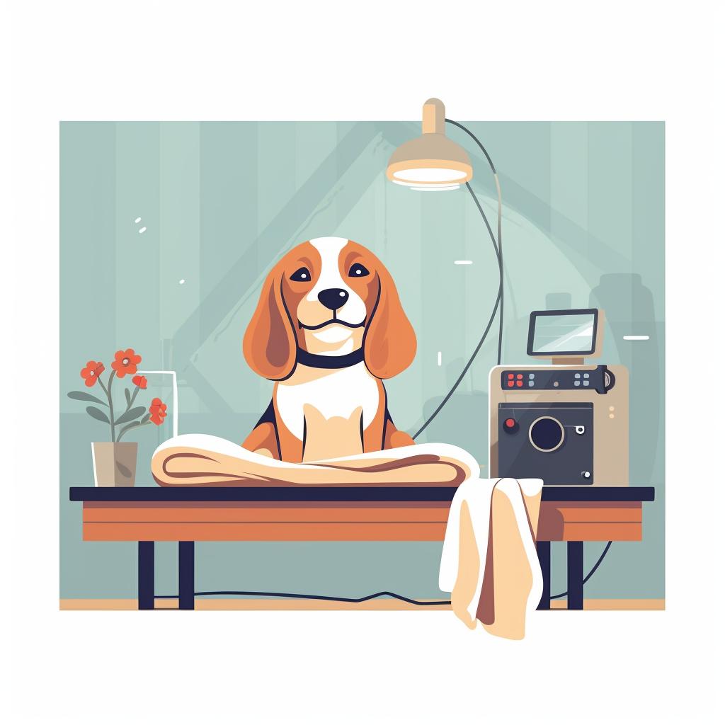 A Beagle being dried with a towel and a hairdryer
