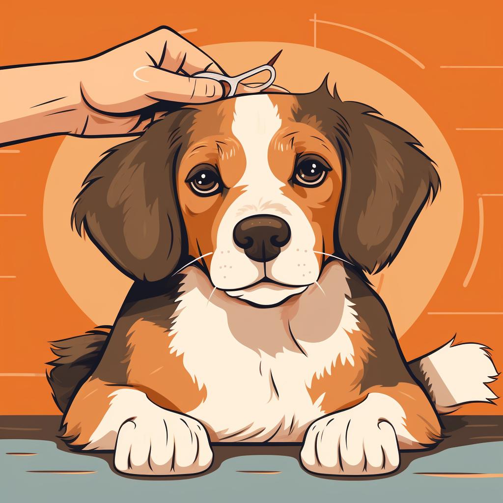 A person checking the ears and trimming the nails of a Beagle Australian Shepherd mix