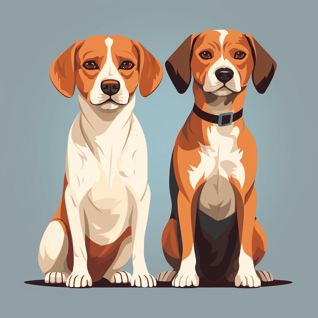 A Beagle Lab mix and a Beagle Pitbull mix side by side